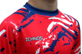 Red and blue ICHNOS Kids Football Kit Shirt, vibrant design, perfect for young players on the pitch. Detail.