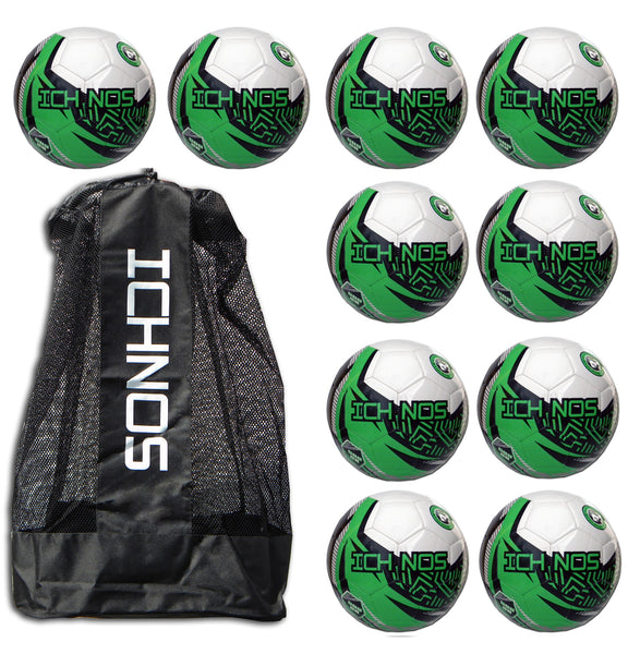 Ichnos Snazzer White Green pack of 10 Junior size footballs with Ball Carrier Bag